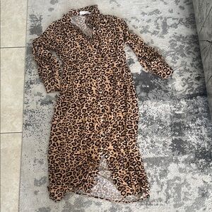 White closet Leopard Print Long Sleeve Button down midi Dress